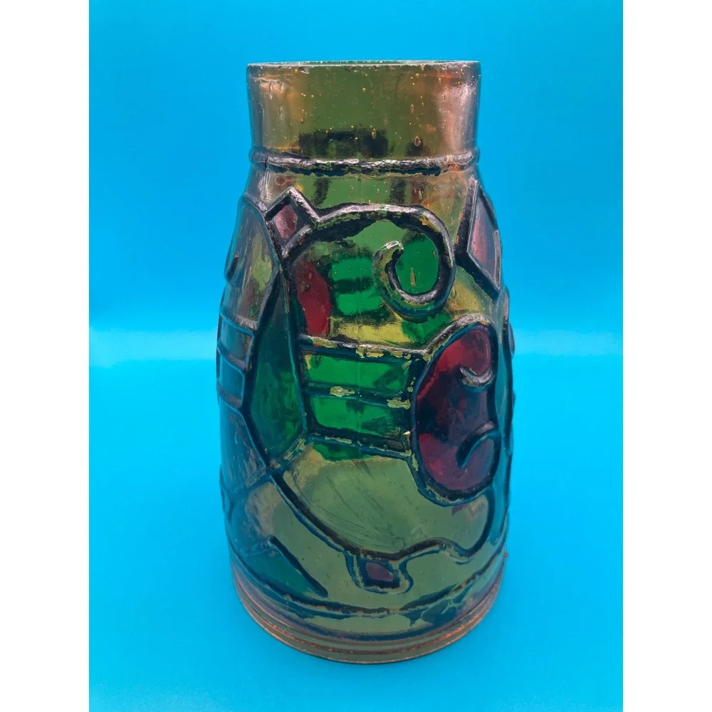 Oil Lamp Candle Chimney Small Green Red Stained Glass Style Relief